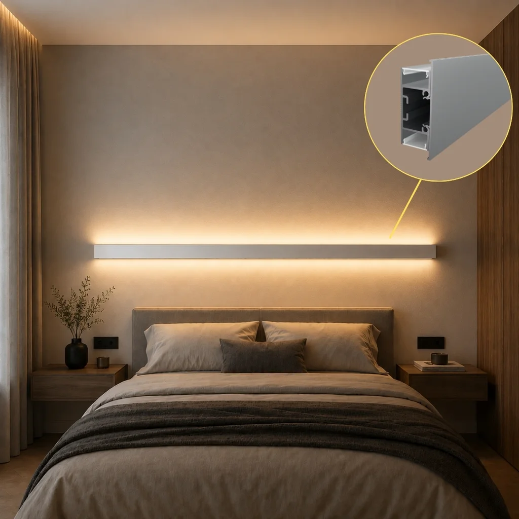 Stříbrný profil LP417 WALL TWIN nad postelí – ukázka oboustranného LED osvětlení