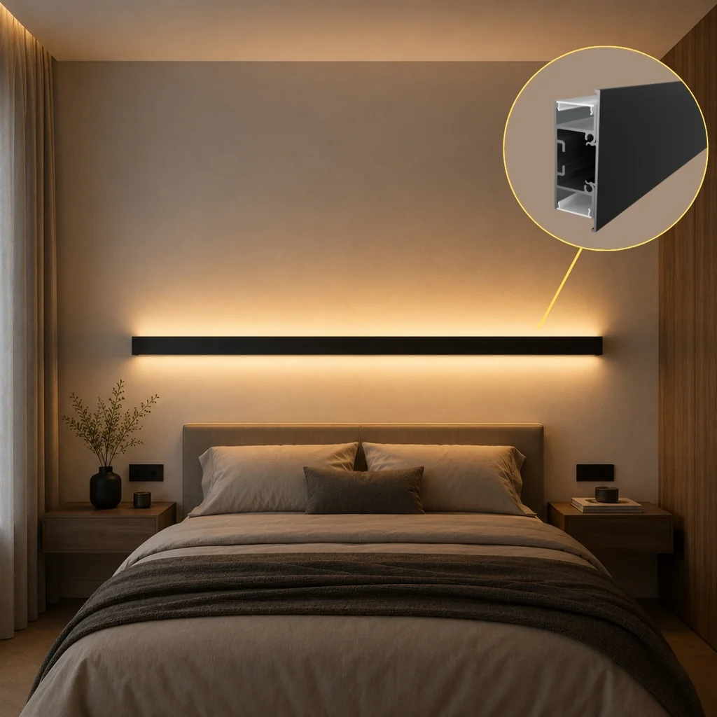 Černý profil LP417B WALL TWIN nad postelí – ukázka oboustranného LED osvětlení