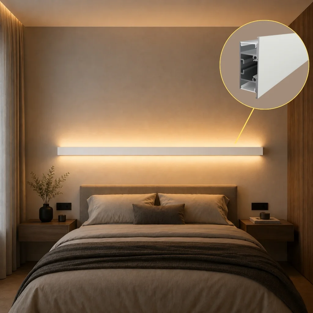 Bílý profil LP417W WALL TWIN nad postelí – ukázka oboustranného LED osvětlení